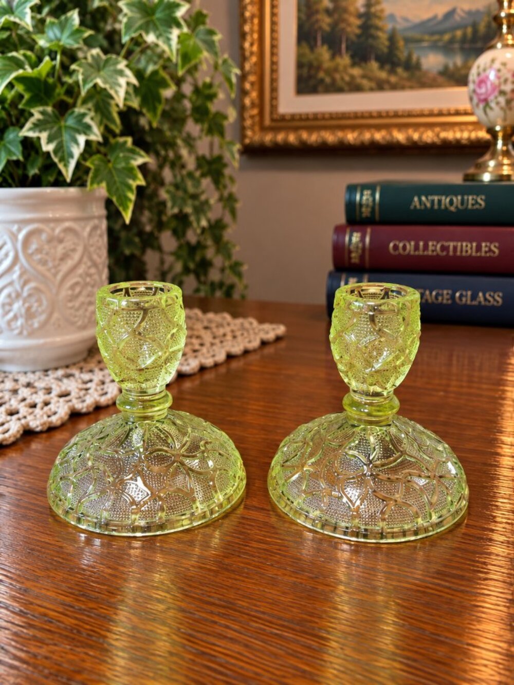 Pristine Pair Vintage 1920s Imperial Glass Vaseline Uranium Candleholders